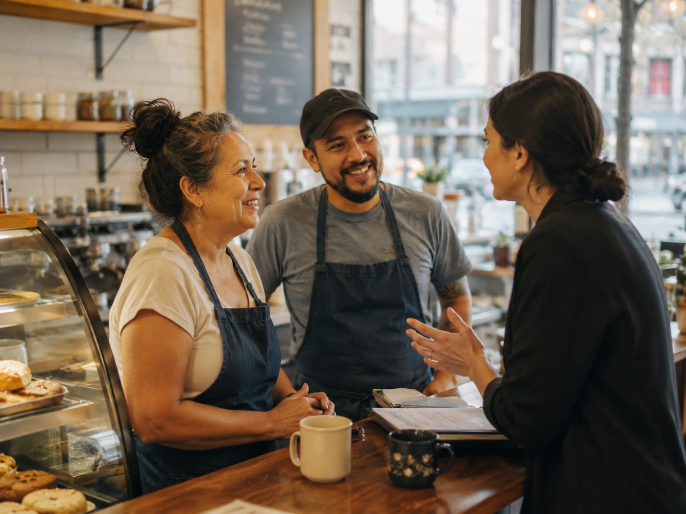 A self-employed café owner talking with an advisor holding a clipboard